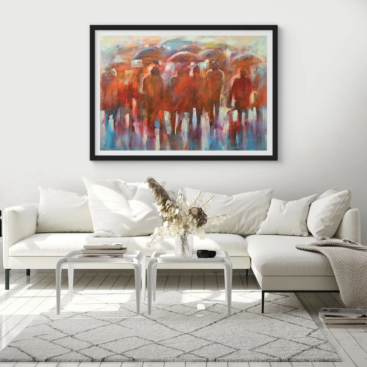 Póster en marco negro - Una multitud de personas con paraguas en un entorno artístico y lluvioso. - 70x50cm - Iguales entre la niebla - Decoración de pared moderna para salón y dormitorio ARTTOR