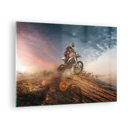 Cuadro sobre vidrio - Impresiones sobre Vidrio - Motociclista en el desierto en un entorno dinámico. - 70x50cm - A por la victoria - Decoración de pared moderna para salón y dormitorio ARTTOR