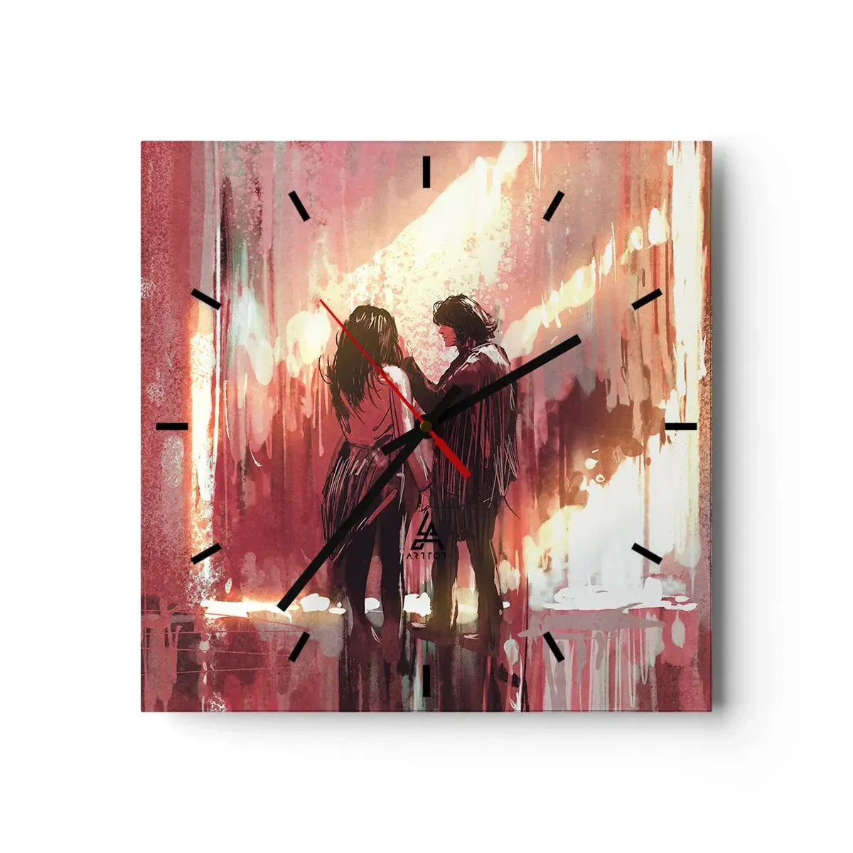 Reloj de pared - Reloj de vidrio - Una pareja de pie bajo una luz cálida contra un fondo de patrones abstractos. - 30x30cm - El eterno espectáculo del amor - Decoración de pared moderna para salón y dormitorio ARTTOR