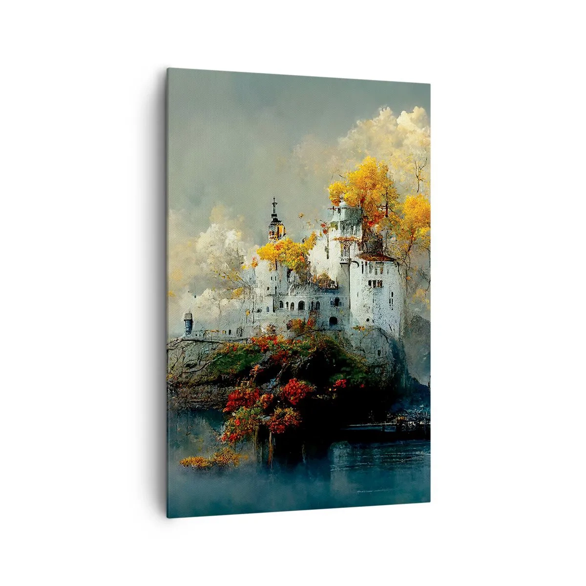 Cuadro sobre lienzo - Impresión de Imagen - Un castillo en una colina rodeado de árboles otoñales. - 80x120cm - El comienzo de una historia romántica - Decoración de pared moderna para salón y dormitorio ARTTOR