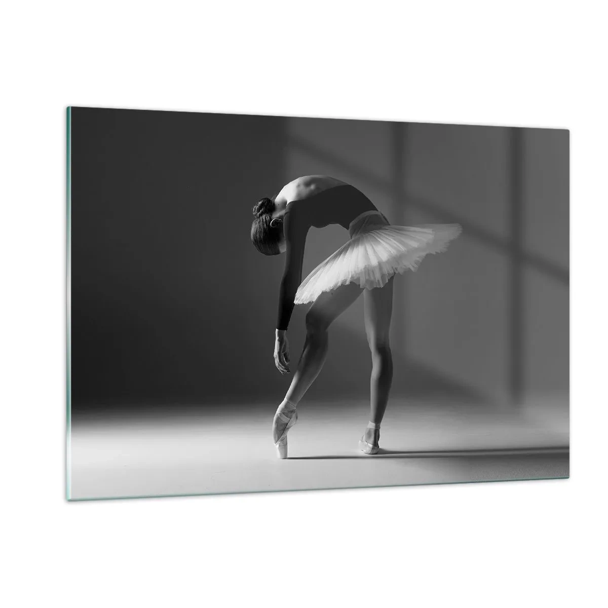 Cuadro sobre vidrio - Impresiones sobre Vidrio - Silueta en blanco y negro de una bailarina en una pose elegante. - 120x80cm - Bella bailarina - Decoración de pared moderna para salón y dormitorio ARTTOR