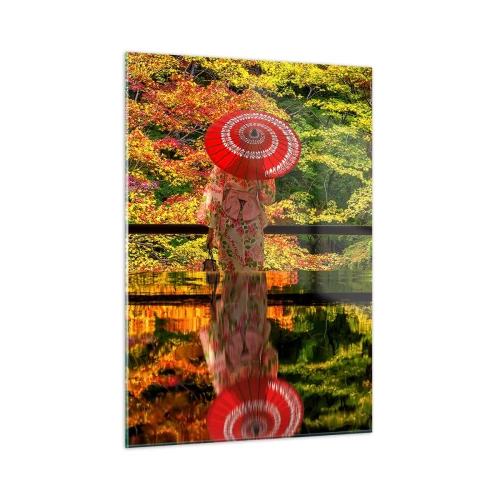 Cuadro sobre vidrio - Impresiones sobre Vidrio - Una mujer con un kimono y un paraguas frente a un paisaje otoñal, reflejado en el agua. - 50x70cm - En un templo de la naturaleza - Decoración de pared moderna para salón y dormitorio ARTTOR