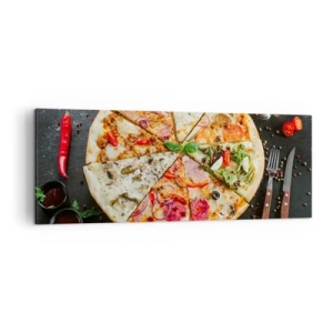 Cuadro sobre lienzo - Impresión de Imagen - Pizza en varios sabores con fondo de ingredientes. - 140x50cm - Una gama de gustos - Decoración de pared moderna para salón y dormitorio ARTTOR