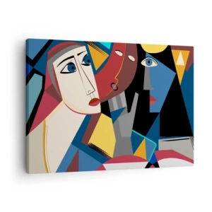 Cuadro sobre lienzo - Impresión de Imagen - Rostros cubistas en colores intensos - 70x50cm - Conversación cubista - Decoración de pared moderna para salón y dormitorio ARTTOR
