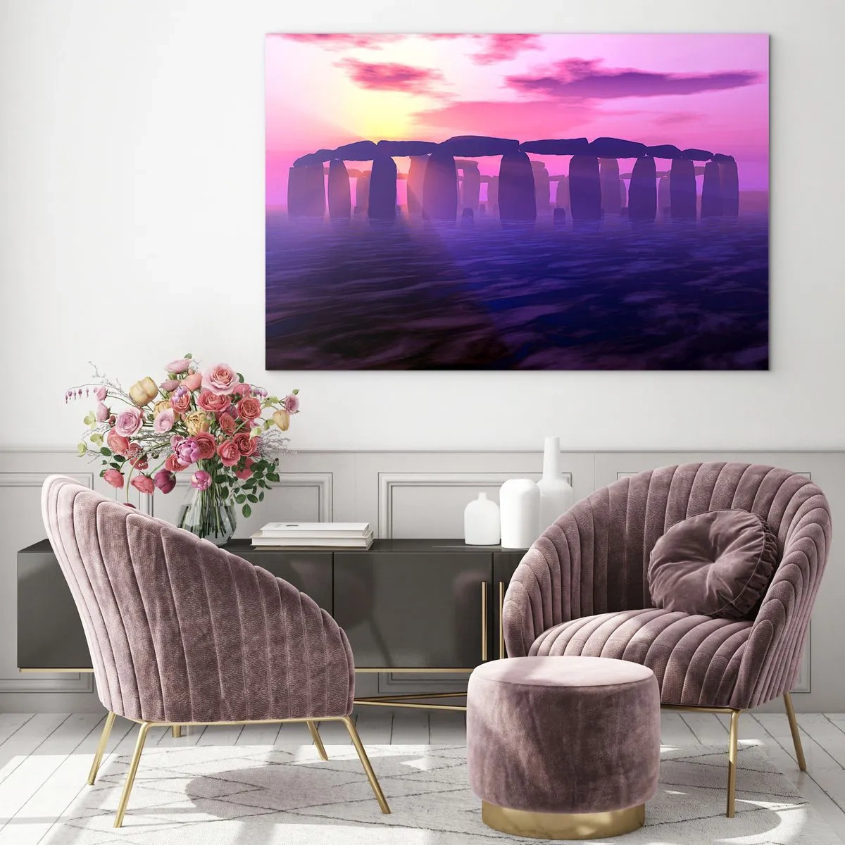 Cuadro sobre vidrio - Impresiones sobre Vidrio - Stonehenge a la luz de un atardecer rosado - 70x50cm - Misterio al amanecer en la niebla - Decoración de pared moderna para salón y dormitorio ARTTOR