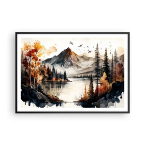 Póster en marco negro - Paisaje otoñal de montaña con lago y árboles en acuarela - 100x70cm - Otoño dorado en las montañas - Decoración de pared moderna para salón y dormitorio ARTTOR