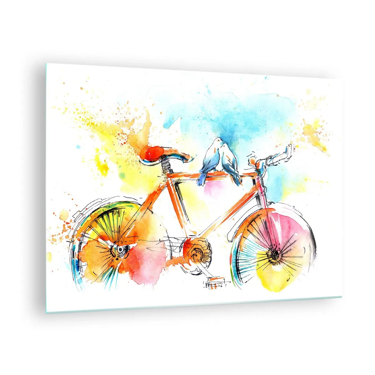 Cuadro sobre vidrio - Impresiones sobre Vidrio - Una bicicleta colorida con pájaros posados en el manillar. - 70x50cm - Dos en bicicleta - Decoración de pared moderna para salón y dormitorio ARTTOR