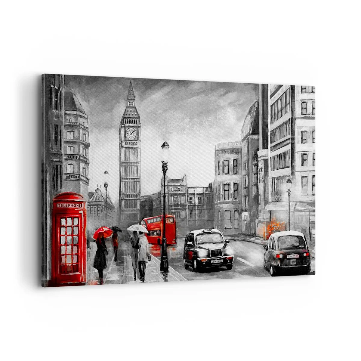 Cuadro sobre lienzo - Impresión de Imagen - Una escena de Londres en blanco y negro con acentos rojos. - 120x80cm - No tan gris como la pintan - Decoración de pared moderna para salón y dormitorio ARTTOR