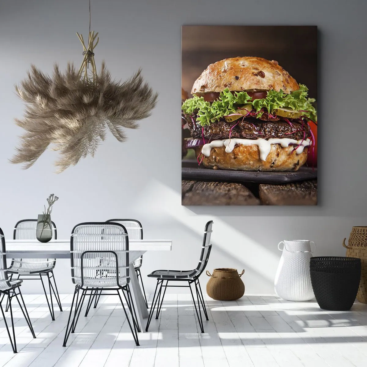 Cuadro sobre lienzo - Impresión de Imagen - Deliciosas hamburguesas con verduras y salsa. - 50x70cm - El sueño americano - Decoración de pared moderna para salón y dormitorio ARTTOR