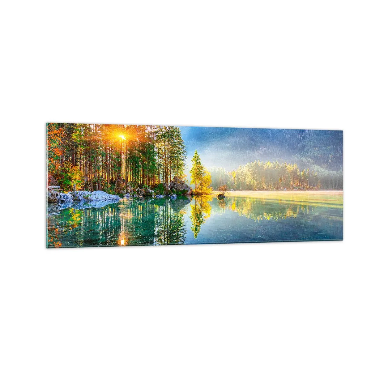 Cuadro sobre vidrio - Impresiones sobre Vidrio - Un lago rodeado de montañas y bosques bajo los rayos del sol. - 140x50cm - Majestuosidad y dulzura - Decoración de pared moderna para salón y dormitorio ARTTOR