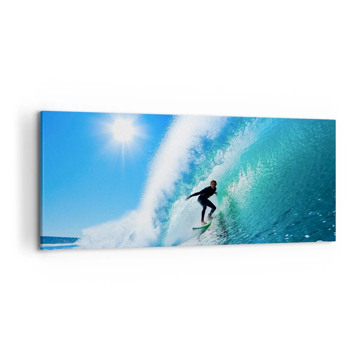 Cuadro sobre lienzo - Impresión de Imagen - Un surfista en una tabla se desliza dentro de una poderosa ola bajo un cielo azul. - 120x50cm - A través de la gran ola - Decoración de pared moderna para salón y dormitorio ARTTOR
