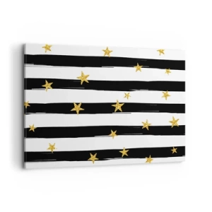 Cuadro sobre lienzo - Impresión de Imagen - Rayas blancas y negras con estrellas doradas - 100x70cm - Todos hemos nacido bajo una estrella de la suerte - Decoración de pared moderna para salón y dormitorio ARTTOR