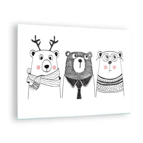 Cuadro sobre vidrio - Impresiones sobre Vidrio - Tres osos divertidos en una ilustración en blanco y negro - 70x50cm - Tres osos - Decoración de pared moderna para salón y dormitorio ARTTOR