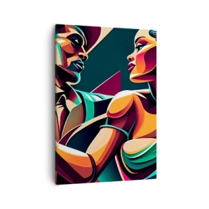 Cuadro sobre lienzo - Impresión de Imagen - Una pareja estilizada bailando en colores vibrantes y geométricos. - 50x70cm - Al ritmo del corazón - Decoración de pared moderna para salón y dormitorio ARTTOR