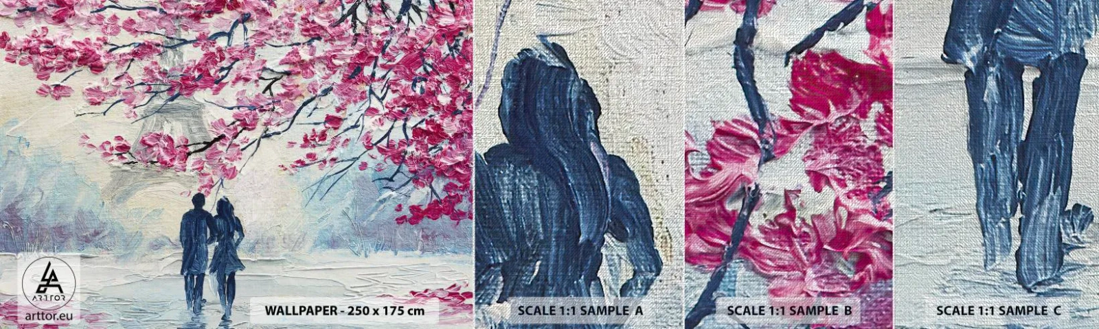 Muestra de fotomural Premium Canvas - Un paseo romántico - París, Torre Eiffel, Pareja enamorada - 100x30 cm