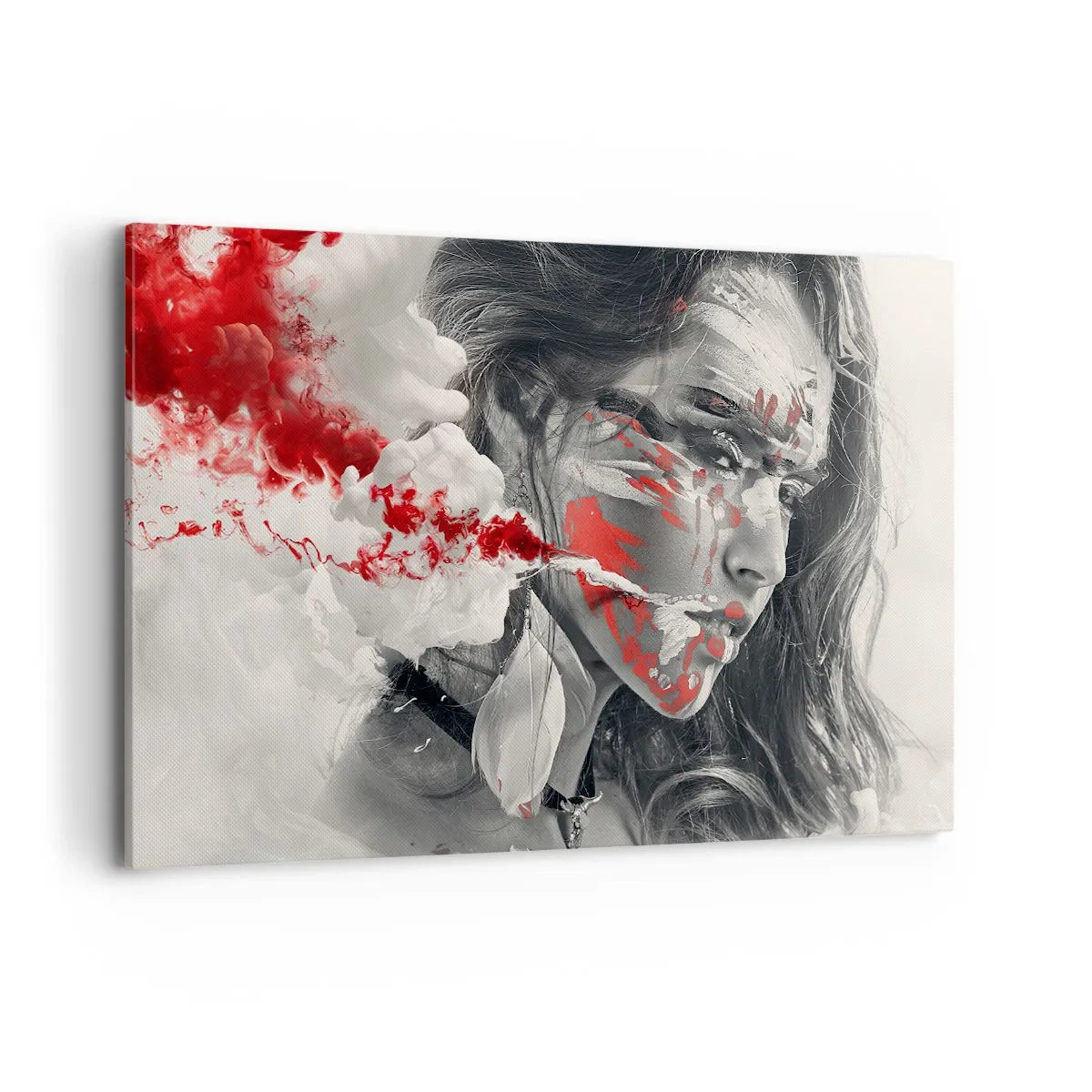 Cuadro sobre lienzo - Impresión de Imagen - Retrato artístico de una mujer con acentos rojos abstractos. - 120x80cm - En los humos del absurdo - Decoración de pared moderna para salón y dormitorio ARTTOR