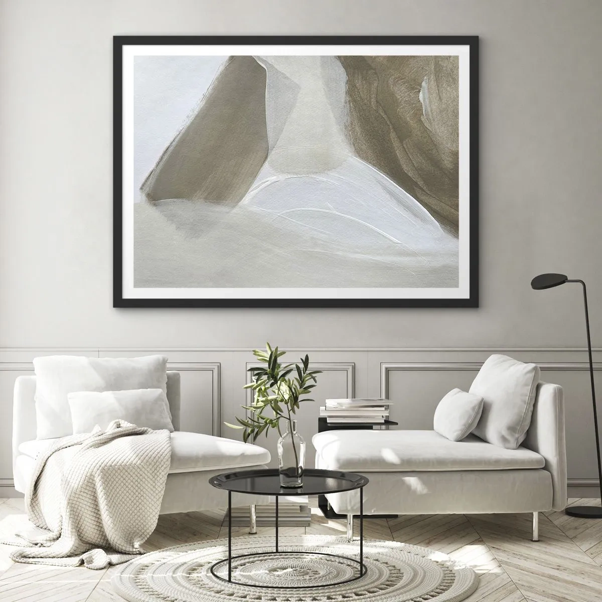 Póster en marco negro - Abstracción delicada en tonos beige y blanco. - 70x50cm - Ola de blanco - Decoración de pared moderna para salón y dormitorio ARTTOR