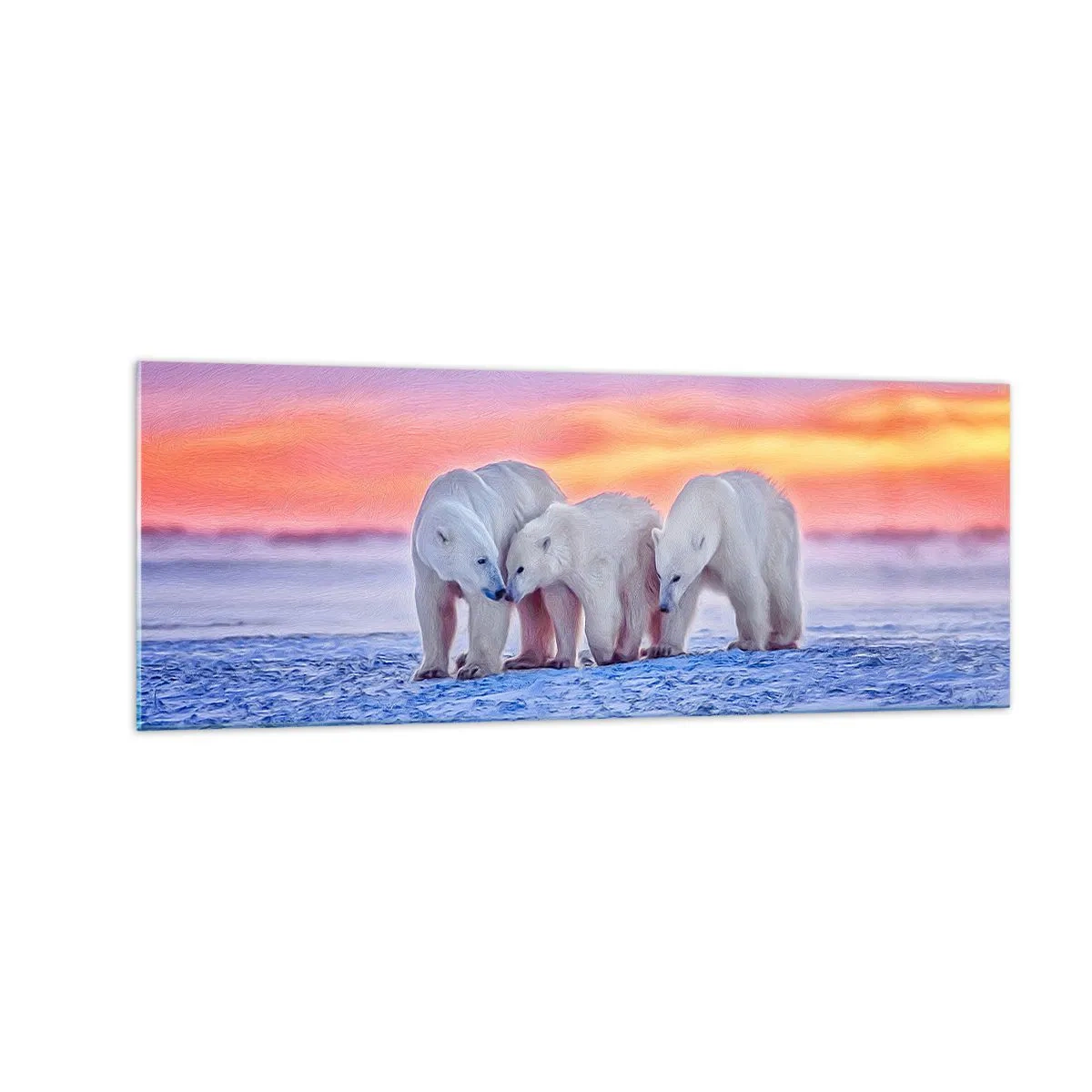 Cuadro sobre vidrio - Impresiones sobre Vidrio - Tres osos polares con el telón de fondo de una puesta de sol ártica. - 140x50cm - Todo lo que necesitas es el calor de la familia - Decoración de pared moderna para salón y dormitorio ARTTOR
