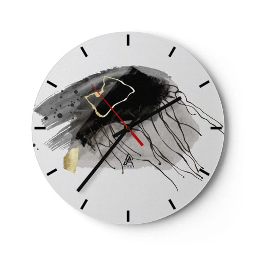 Reloj de pared - Reloj de vidrio - Motivo abstracto en negro, gris y dorado sobre fondo blanco. - 30x30cm - En negro y dorado - Decoración de pared moderna para salón, cocina y dormitorio ARTTOR