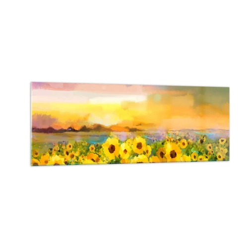 Cuadro sobre vidrio - Impresiones sobre Vidrio - Un campo de girasoles a la luz del sol poniente. - 140x50cm - El propio sol ha bajado a la Tierra - Decoración de pared moderna para salón y dormitorio ARTTOR