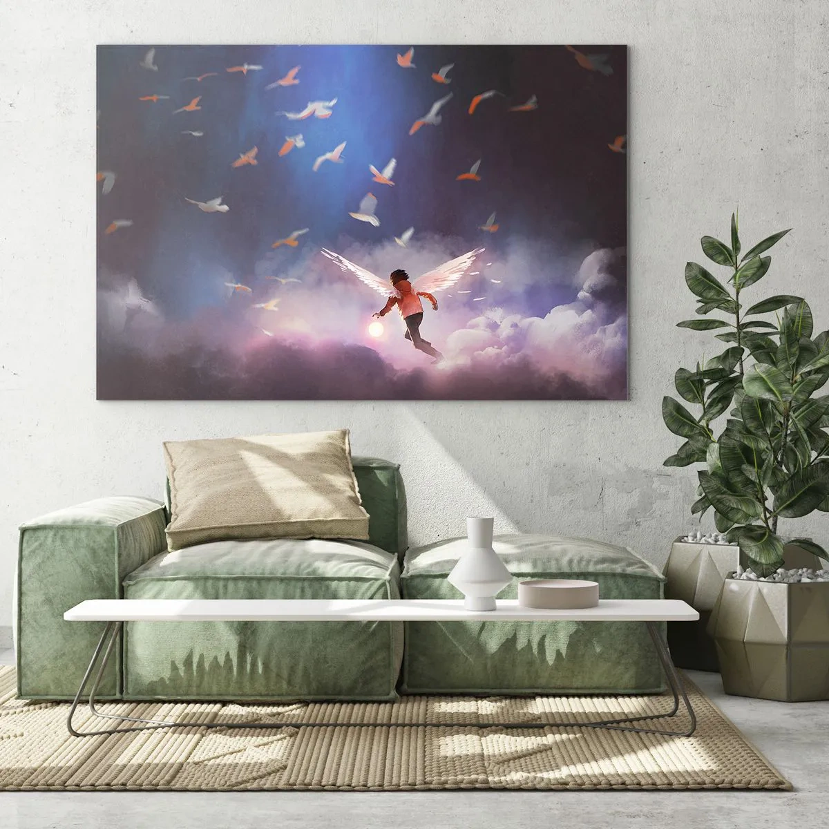 Cuadro sobre vidrio - Impresiones sobre Vidrio - Una figura con alas de ángel flotando entre las nubes. - 70x50cm - Imaginación y valor - Decoración de pared moderna para salón y dormitorio ARTTOR