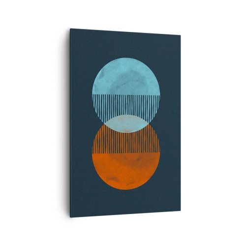 Cuadro sobre lienzo - Impresión de Imagen - Dos círculos naranjas y azules sobre un fondo oscuro. - 80x120cm - Fantasía astronómica - Decoración de pared moderna para salón y dormitorio ARTTOR
