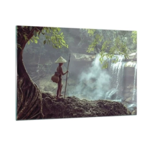 Cuadro sobre vidrio - Impresiones sobre Vidrio - Un niño con una lanza en una cascada en la selva tropical. - 120x80cm - Amistad con la naturaleza - Decoración de pared moderna para salón y dormitorio ARTTOR