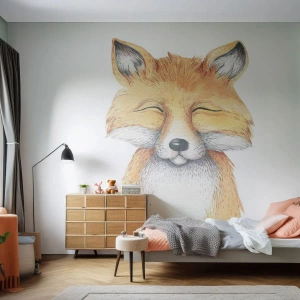 Fotomural Premium Sand - Zorro sonriente en estilo acuarela sobre un fondo blanco - 100x70cm - Humor de zorro - Decoración de pared moderna para salón y dormitorio ARTTOR
