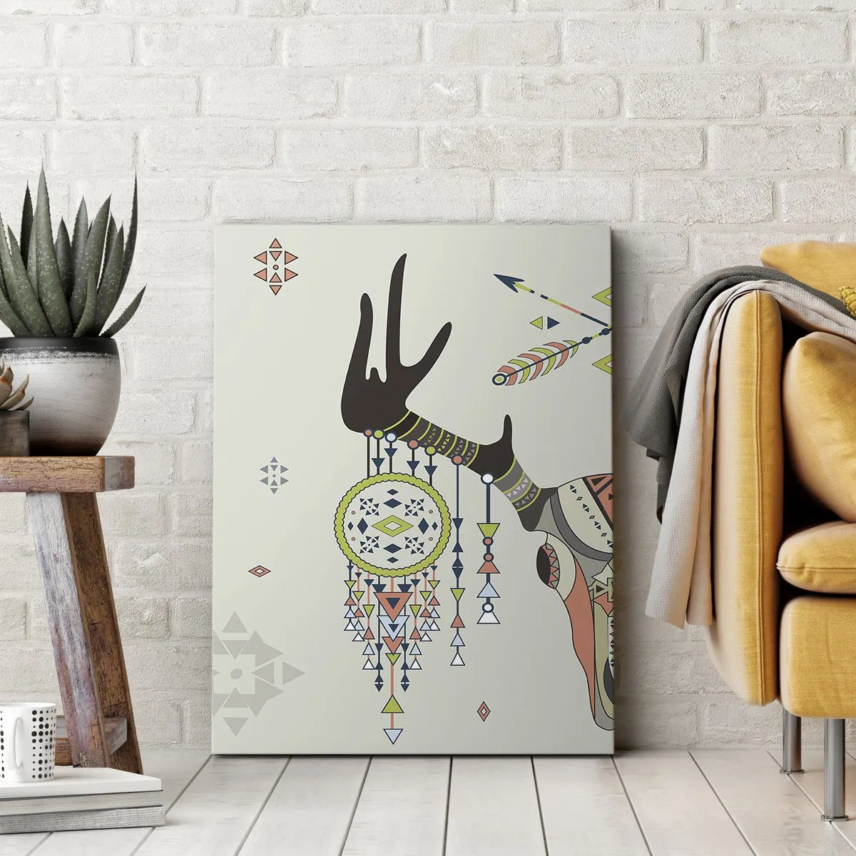 Cuadro sobre lienzo - Impresión de Imagen - Decoración boho con calavera de ciervo y atrapasueños - 50x70cm - Trofeo de cazador indio - Decoración de pared moderna para salón y dormitorio ARTTOR