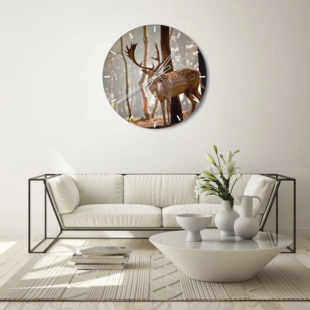 Reloj de pared - Reloj de vidrio - Ciervos disfrutando de los rayos del sol en un paisaje forestal - 30x30cm - La luz de la juventud - Decoración de pared moderna para salón, cocina y dormitorio ARTTOR