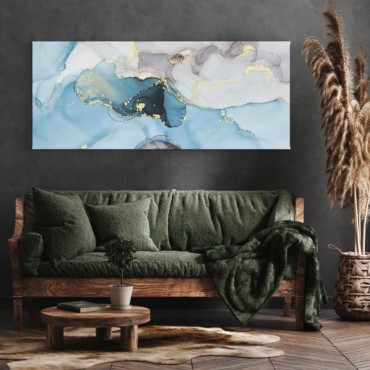 Cuadro sobre lienzo - Impresión de Imagen - Abstracción en tonos azules y dorados con líneas sutiles. - 120x50cm - Un estudio del encuentro entre el gris y el turquesa - Decoración de pared moderna para salón y dormitorio ARTTOR