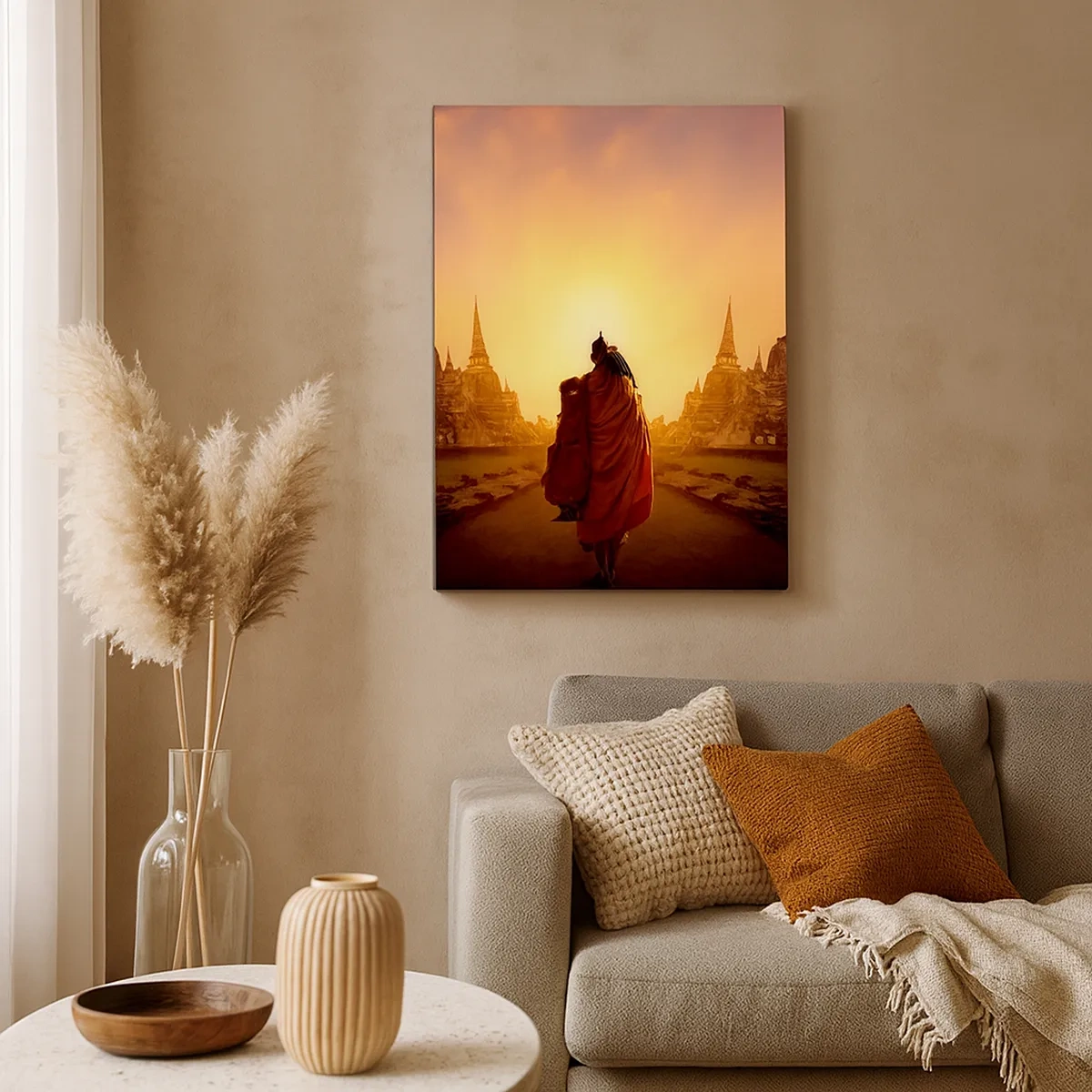 Cuadro sobre lienzo - Impresión de Imagen - Un monje entre los templos al atardecer. - 50x70cm - En paz por la eternidad - Decoración de pared moderna para salón y dormitorio ARTTOR