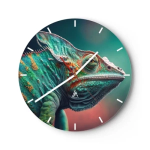 Reloj de pared - Reloj de vidrio - Un primer plano de un camaleón colorido sobre un fondo verde y rosa. - 30x30cm - ¿Puedes verme? No está bien... - Decoración de pared moderna para salón, cocina y dormitorio ARTTOR