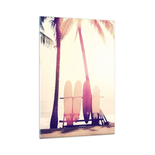 Cuadro sobre vidrio - Impresiones sobre Vidrio - Palmeras y tablas de surf en la playa bajo el sol. - 80x120cm - Va a ser un gran día - Decoración de pared moderna para salón y dormitorio ARTTOR