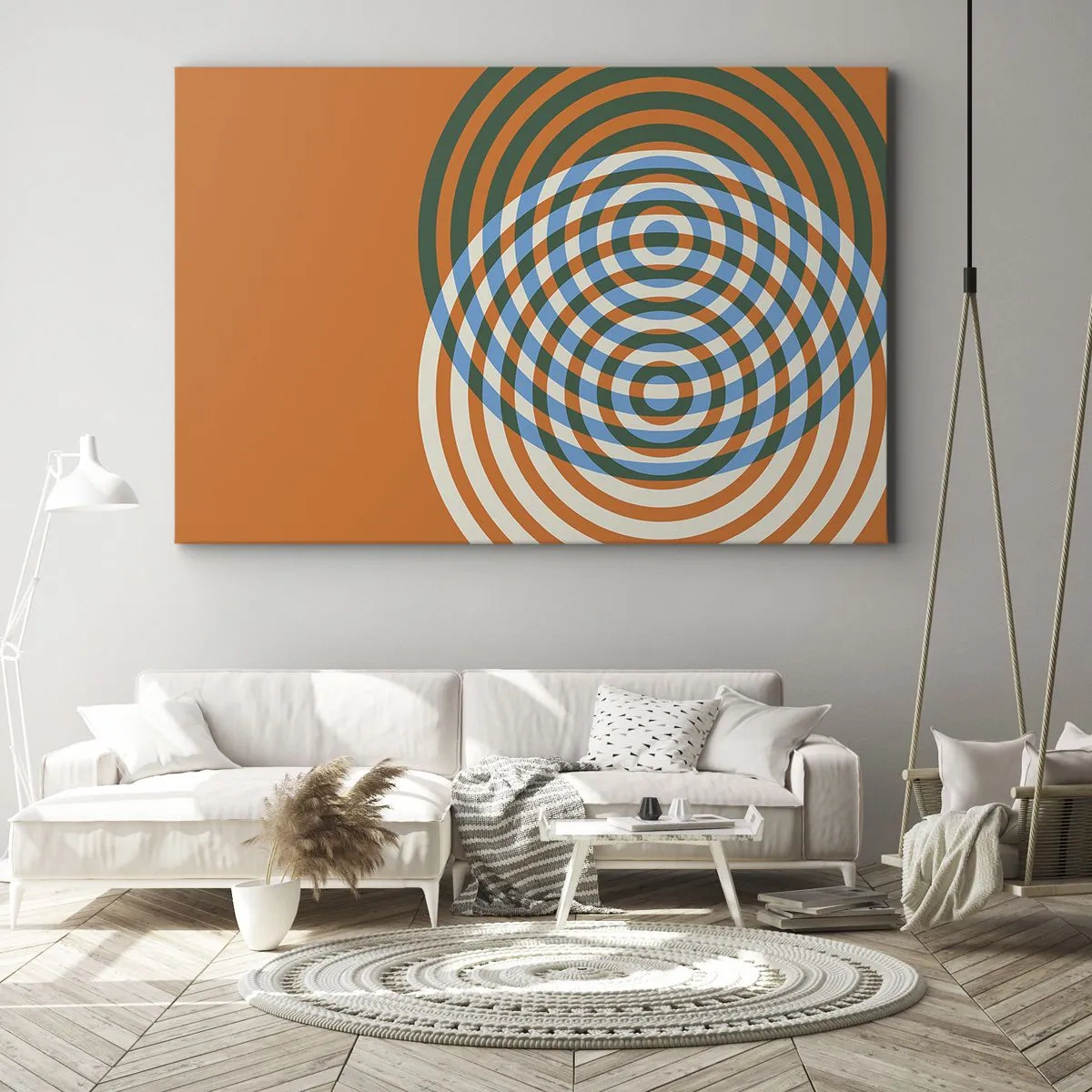 Cuadro sobre lienzo - Impresión de Imagen - Círculos concéntricos sobre un fondo naranja - 70x50cm - Círculos y abstracción - Decoración de pared moderna para salón y dormitorio ARTTOR