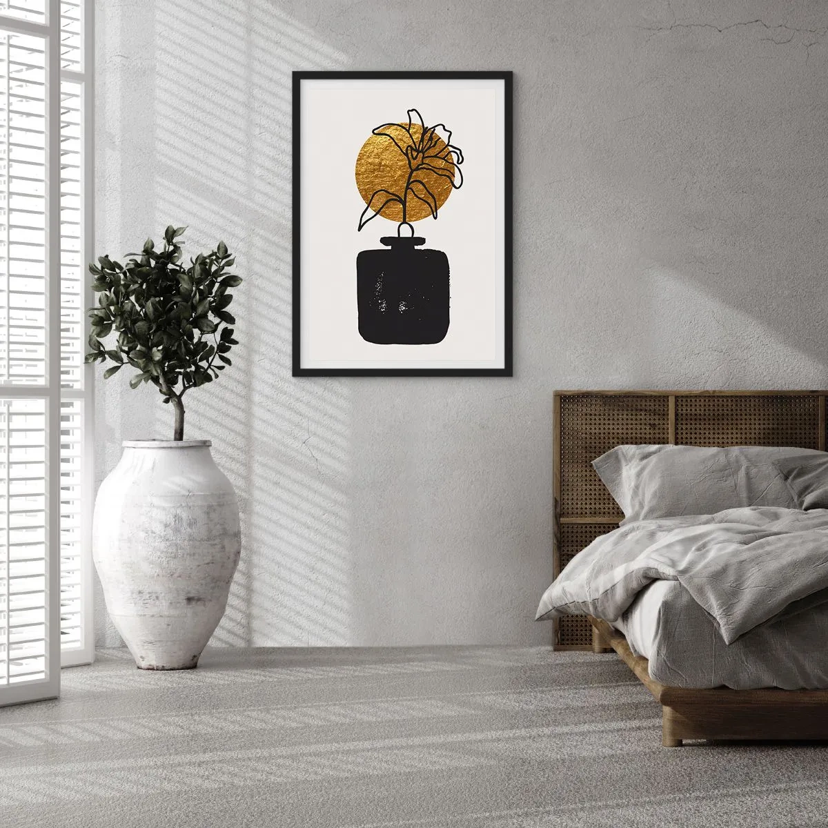 Póster en marco negro - Composición abstracta con una flor y un círculo dorado. - 50x70cm - Belleza en equilibrio - Decoración de pared moderna para salón y dormitorio ARTTOR