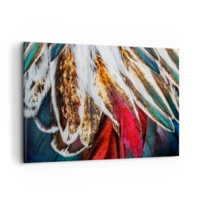 Cuadro sobre lienzo - Impresión de Imagen - Primer plano de plumas multicolores en colores vibrantes e intensos. - 100x70cm - Los misterios del vuelo - Decoración de pared moderna para salón y dormitorio ARTTOR