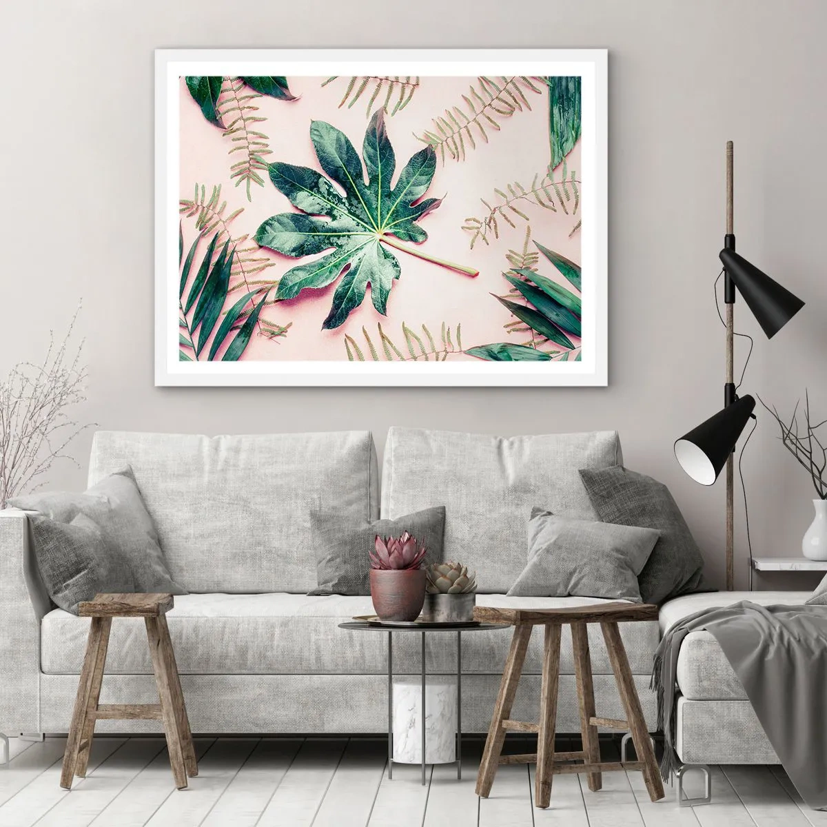Póster en marco blanco - Estudio de vegetación sobre fondo rosa - 100x70 cm
