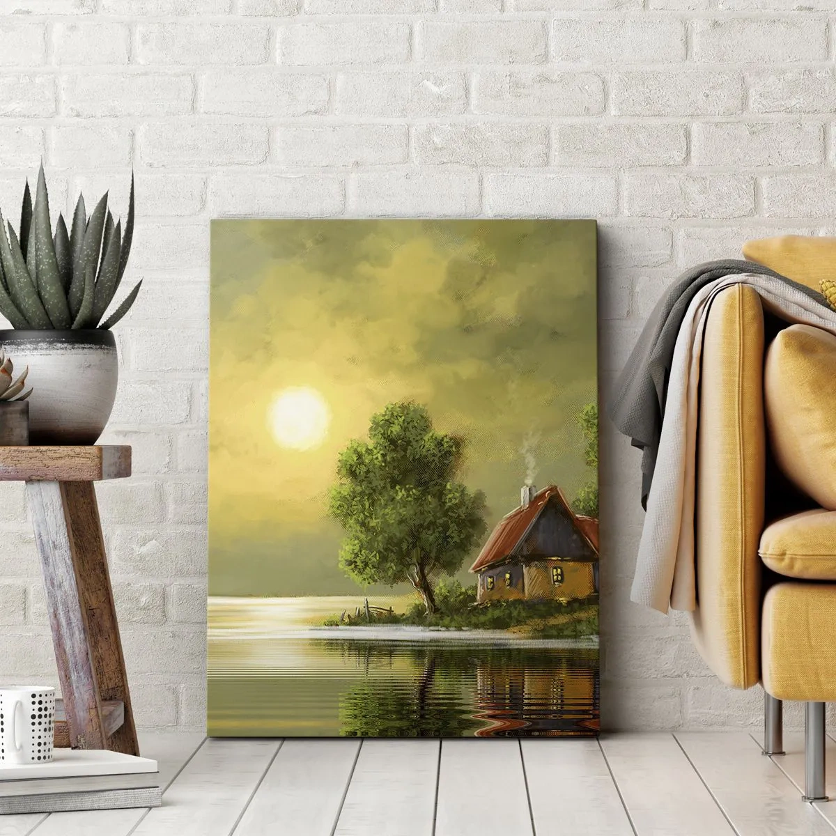 Cuadro sobre lienzo - Impresión de Imagen - Casa del lago a la luz del atardecer - 70x100cm - Es hermoso, como salido de un cuadro - Decoración de pared moderna para salón y dormitorio ARTTOR