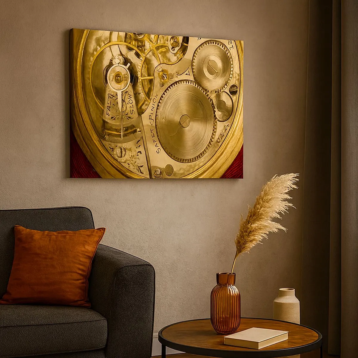 Cuadro sobre lienzo - Impresión de Imagen - Mecanismo de reloj con engranajes y detalles visibles. - 70x50cm - Siga el ritmo de los tiempos - Decoración de pared moderna para salón y dormitorio ARTTOR