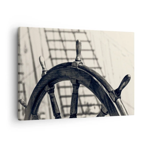 Cuadro sobre lienzo - Impresión de Imagen - Un timón de vela de estilo retro con un barco al fondo. - 70x50cm - Un cuento marino - Decoración de pared moderna para salón y dormitorio ARTTOR