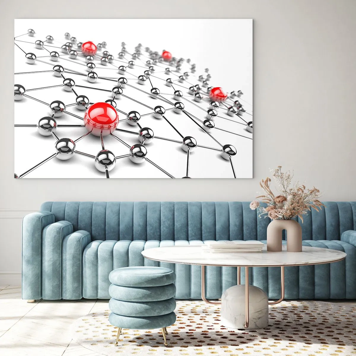 Cuadro sobre vidrio - Impresiones sobre Vidrio - Red molecular de plata con acentos rojos - 100x70cm - Una red plateada - Decoración de pared moderna para salón y dormitorio ARTTOR