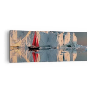 Cuadro sobre lienzo - Impresión de Imagen - Un velero con una vela roja con el fondo de un glaciar. - 140x50cm - En el límite del mundo - Decoración de pared moderna para salón y dormitorio ARTTOR