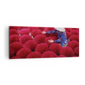 Cuadro sobre lienzo - Impresión de Imagen - Una mujer con un sombrero tradicional entre varillas de incienso rojo. - 120x50cm - En un campo de arroz - Decoración de pared moderna para salón y dormitorio ARTTOR