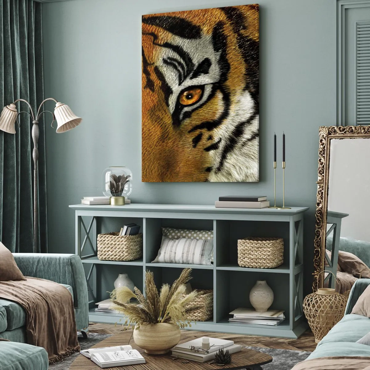 Cuadro sobre lienzo - Impresión de Imagen - Retrato en primer plano de un tigre con una mirada intensa. - 50x70cm - Amenazante y hermoso - Decoración de pared moderna para salón y dormitorio ARTTOR