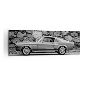 Cuadro sobre lienzo - Impresión de Imagen - Fotografía en blanco y negro de un coche clásico. - 160x50cm - Una leyenda de los años 60 - Decoración de pared moderna para salón y dormitorio ARTTOR