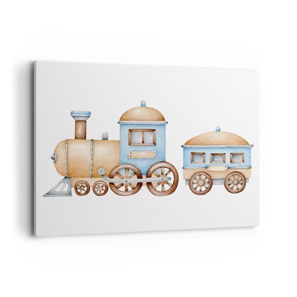 Cuadro sobre lienzo - Impresión de Imagen - Dibujo de un tren en tonos pastel sobre fondo blanco. - 100x70cm - De pie en la estación... - Decoración de pared moderna para salón y dormitorio ARTTOR