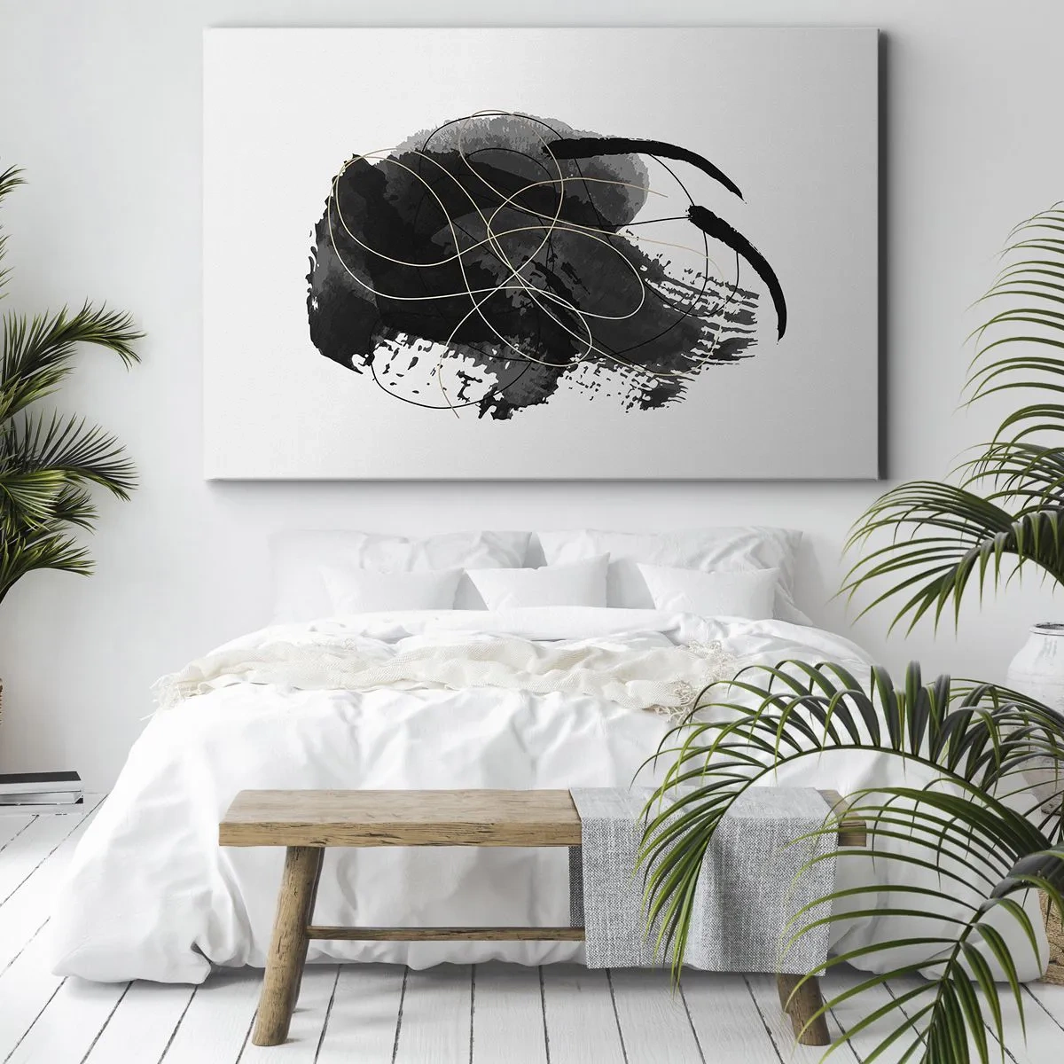 Cuadro sobre lienzo - Impresión de Imagen - Abstracción en negro y dorado sobre fondo blanco. - 70x50cm - Salió de la negrura - Decoración de pared moderna para salón y dormitorio ARTTOR
