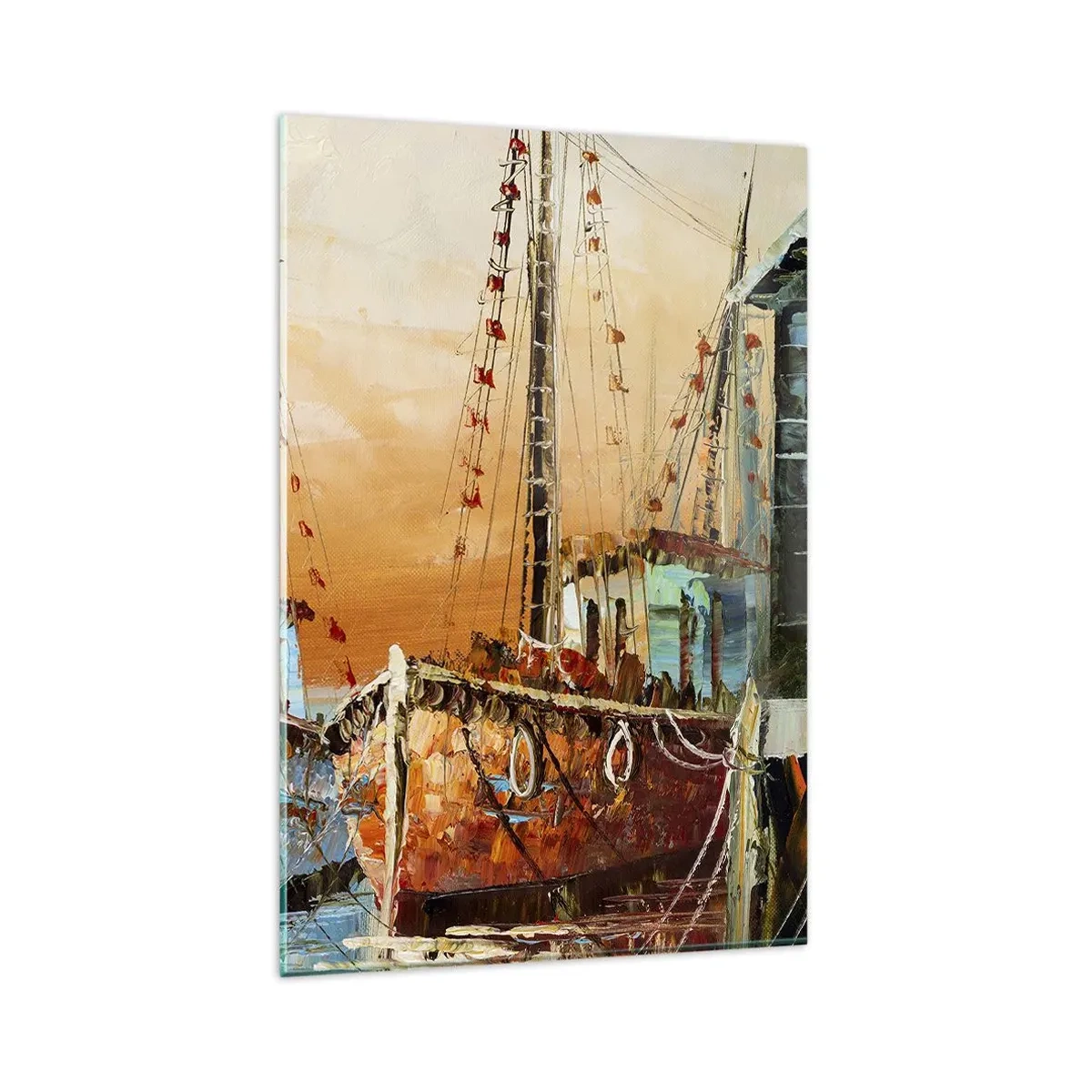 Cuadro sobre vidrio - Impresiones sobre Vidrio - Barcos en la orilla bajo la cálida luz del atardecer. - 80x120cm - Regreso pacífico - Decoración de pared moderna para salón y dormitorio ARTTOR