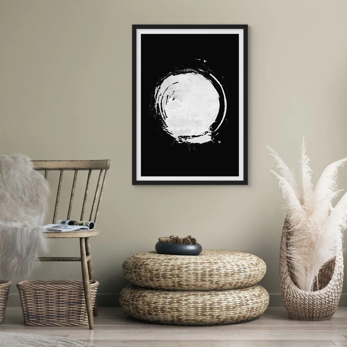 Póster en marco negro - Forma de círculo abstracto blanco sobre un fondo negro - 50x70cm - La buena salida - Decoración de pared moderna para salón y dormitorio ARTTOR